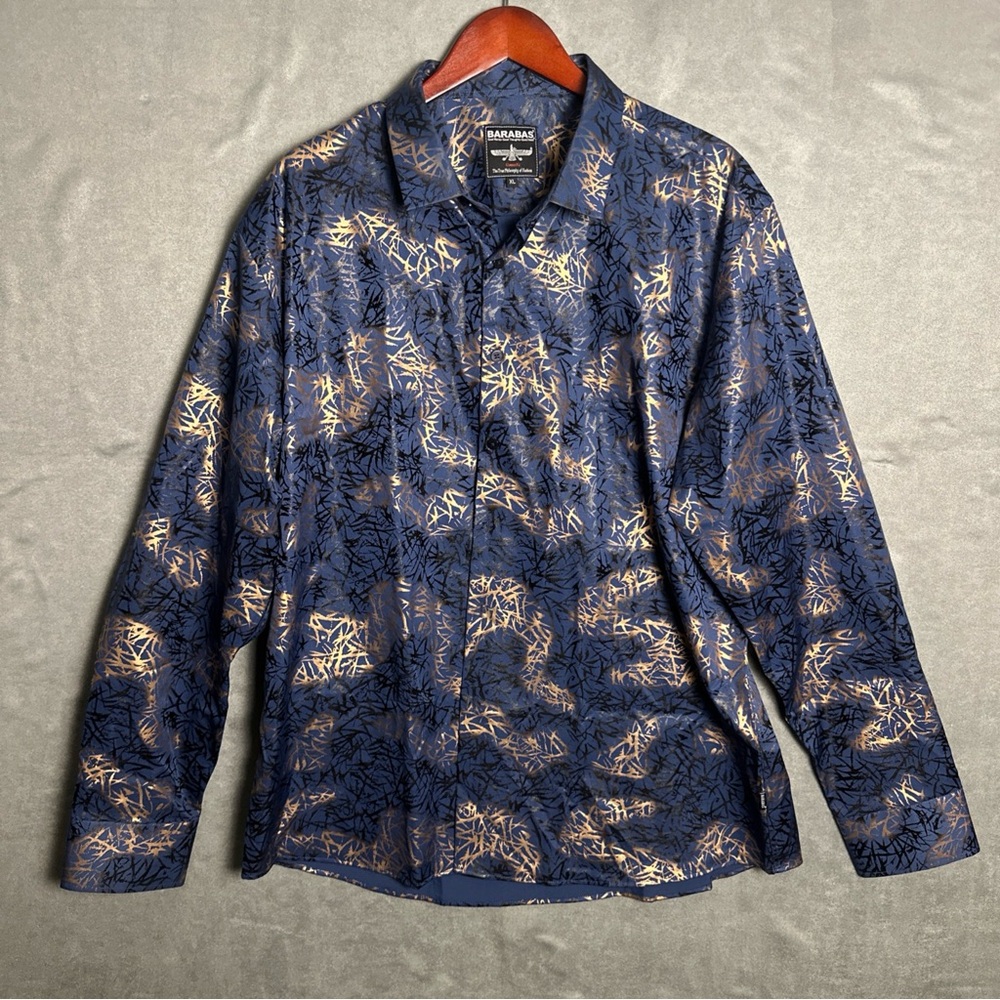 Barabas Black Blue Graphic Men's Button Up Collared Dress Shirt Size XL